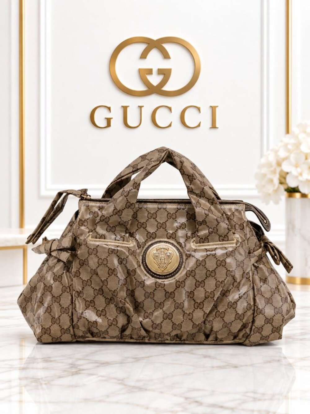 Authentic Gucci Hysteria GG Monogram Canvas Boston Satchel Handbag Brown
